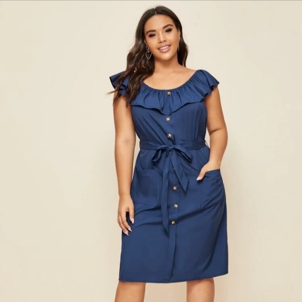 Button Front Ruffle Trim Belted Dress